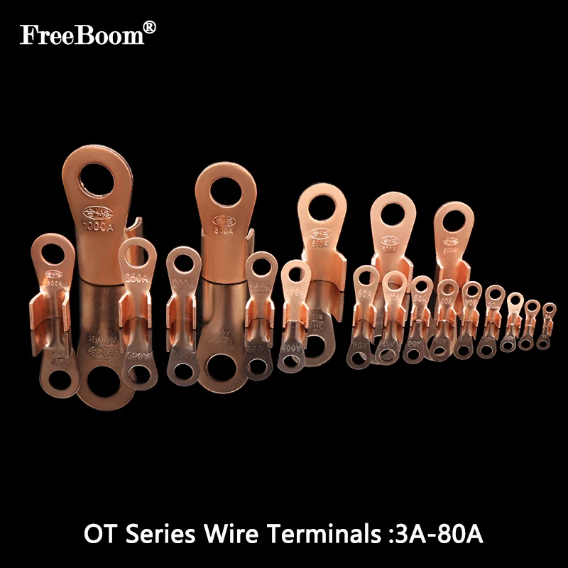 

OT Series Wire Terminals 3A-80A Red Copper Bare Nose Lugs Crimp Open Mouth Cable Connector Splice