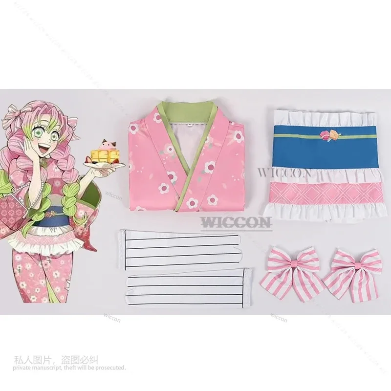 

Кимоно Kanroji Mitsuri, пояс для женщин и девочек, карнавальный костюм на Хэллоуин, розовая униформа для выступлений с париком, 12, 8