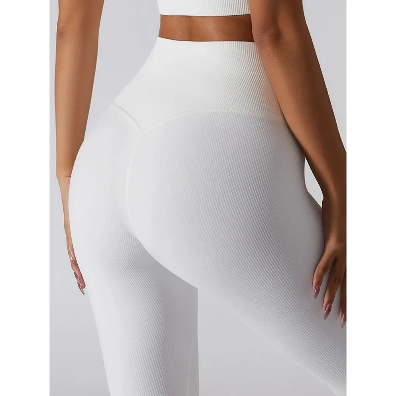 High Waist Yoga Pants Women Seamless Sport Pants Ribbed Knitted Fitness Leggings Solid White Running Pants Quick Dry Gym Leggins