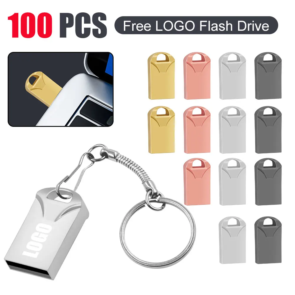 Mini Metal USB 2.0 Flash Drives, Pen Drive de logotipo personalizado, Memory Stick, Pendrive de capacidade real, U Disk Presentes, 32GB, 64GB, 16GB, 100 Pcs/Lot