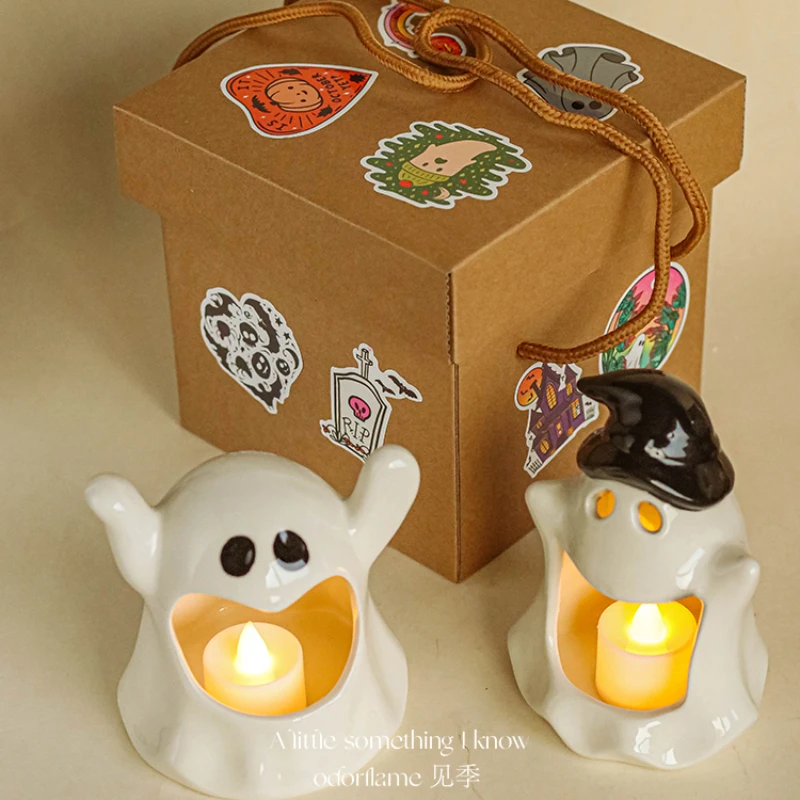 Cute Ghost Candlestick Tea Candle Stove Aromatherapy Candle Funny Halloween Gift Decoration Creative Birthday Gift Bedroom