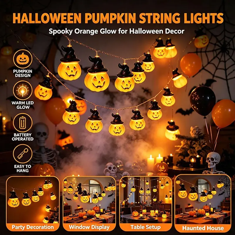 Halloween Pumpkin String Lights Battery Operated, 3D Jack O Lantern LED Fairy Lights, Spooky Halloween Decorations for Home