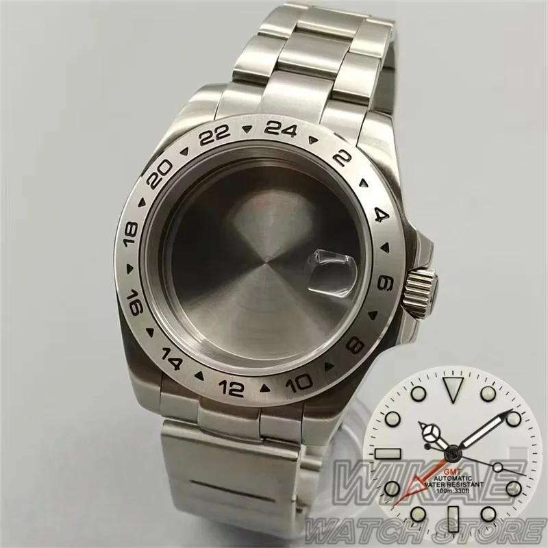 40 mm silbernes EXP2 GMT-Uhrengehäuse und leuchtendes GMT-Zifferblatt, Zeigerset, Edelstahl, Saphirglas, passend für NH34 DG3804 Uhrwerk