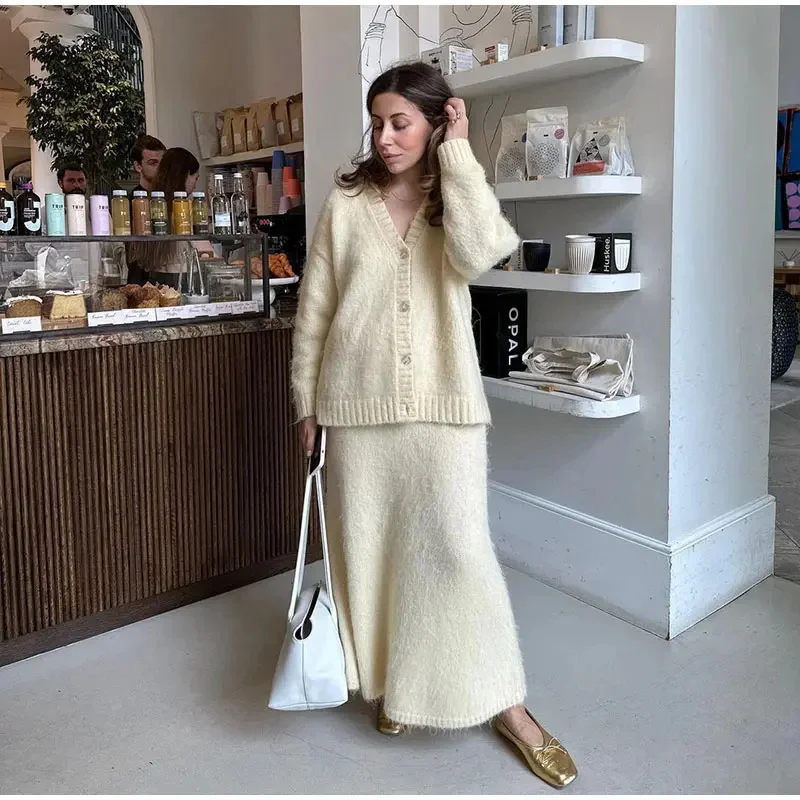 Elegant V Neck Suede Nap Cardigan Sweater 2 Piece Set Women High Waist A line Solid Skirt Suit 2024 Winter Lady Fashion Knitwear