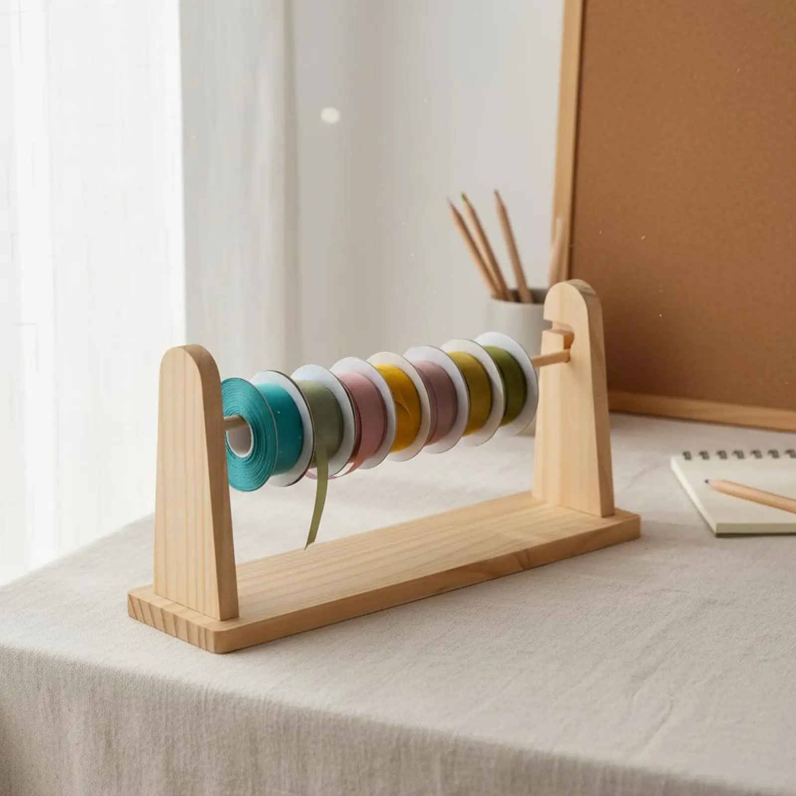 

Wooden Ribbon Rack Sturdy Wood Wooden Ribbon Organizer Multi-Tier Spool Rack Easy Reach Desktop Yarn Organizer Tidy Organization