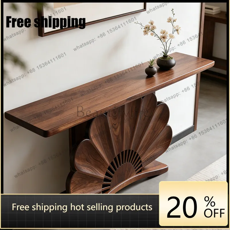 YJ New Chinese Petal Design Console Table Black Walnut Solid Wood Storage Cabinet Song Aesthetics Villa Entryway Hall Furniture
