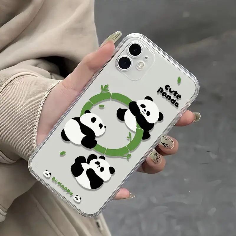 Three Adorable Pandas Transparent TPU Phone Case For iPhone 16 15 14 13 12 11 Pro Max XR XS MAX 7 8 PLUS MINI Shockproof Cover