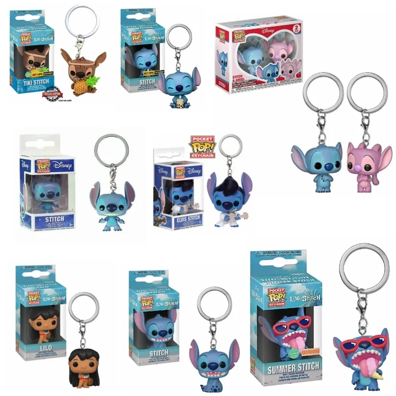 FUNKO POP Stitch & Angel Paquete de 2 llaveros de punto de juguete de verano Tiki Stitch Elvis Stitch figura de vinilo llavero Pop de bolsillo juguete para regalo para niños