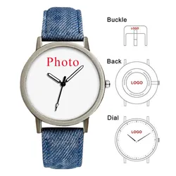 Demin Band Silver Case Women Men Wristwatch Custom Logo Print Photo Water Resistant 3ATM