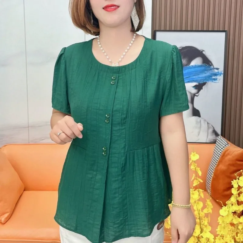 Temperament Versatile Summer Women's Round Neck Solid Color Button Pleated Fashion Casual Loose Short Sleeve T-Shirts Tops