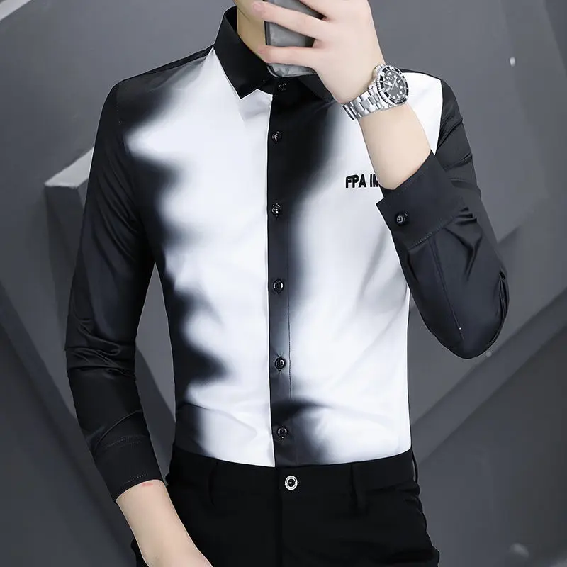 Korean Autumn 2024 Men\'s New Patchwork Square Collar Button Printing Geometric Business Minimalist Casual Long Sleeved Shirts