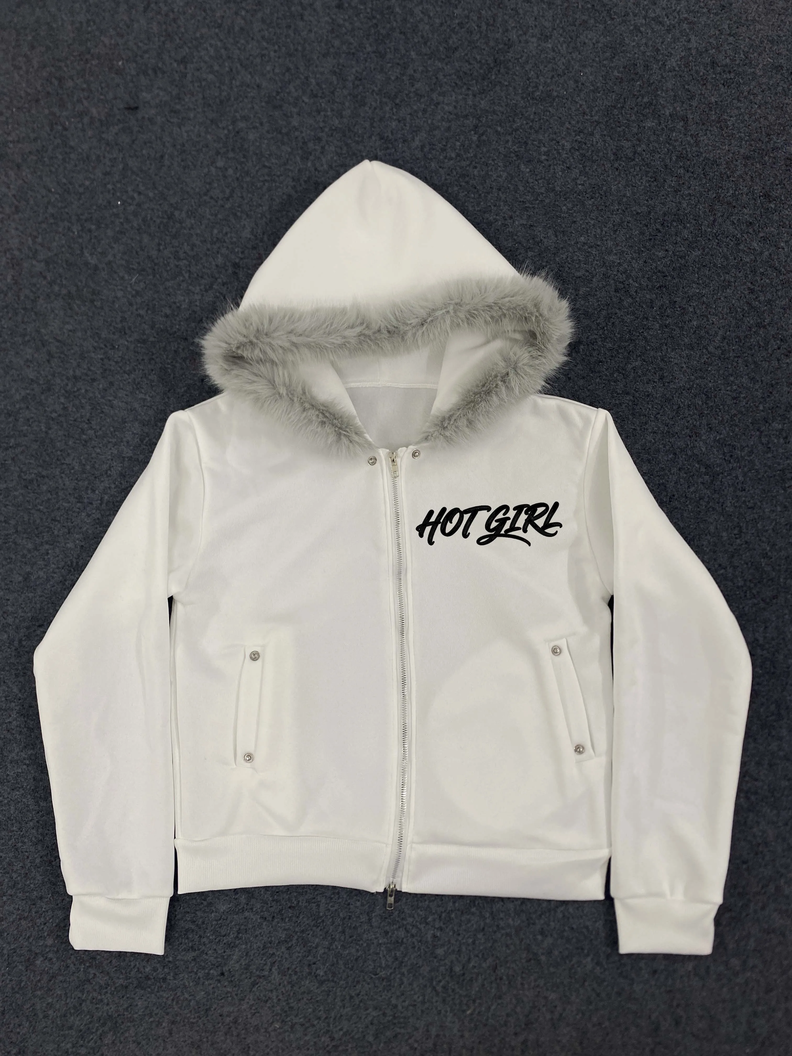 سترة نسائية بغطاء للرأس بسحاب من الفرو الأبيض - سترة "HOT GIRL" مطبوعة برسومات وشفاه Y2K سترة غير رسمية لربيع الخريف #5