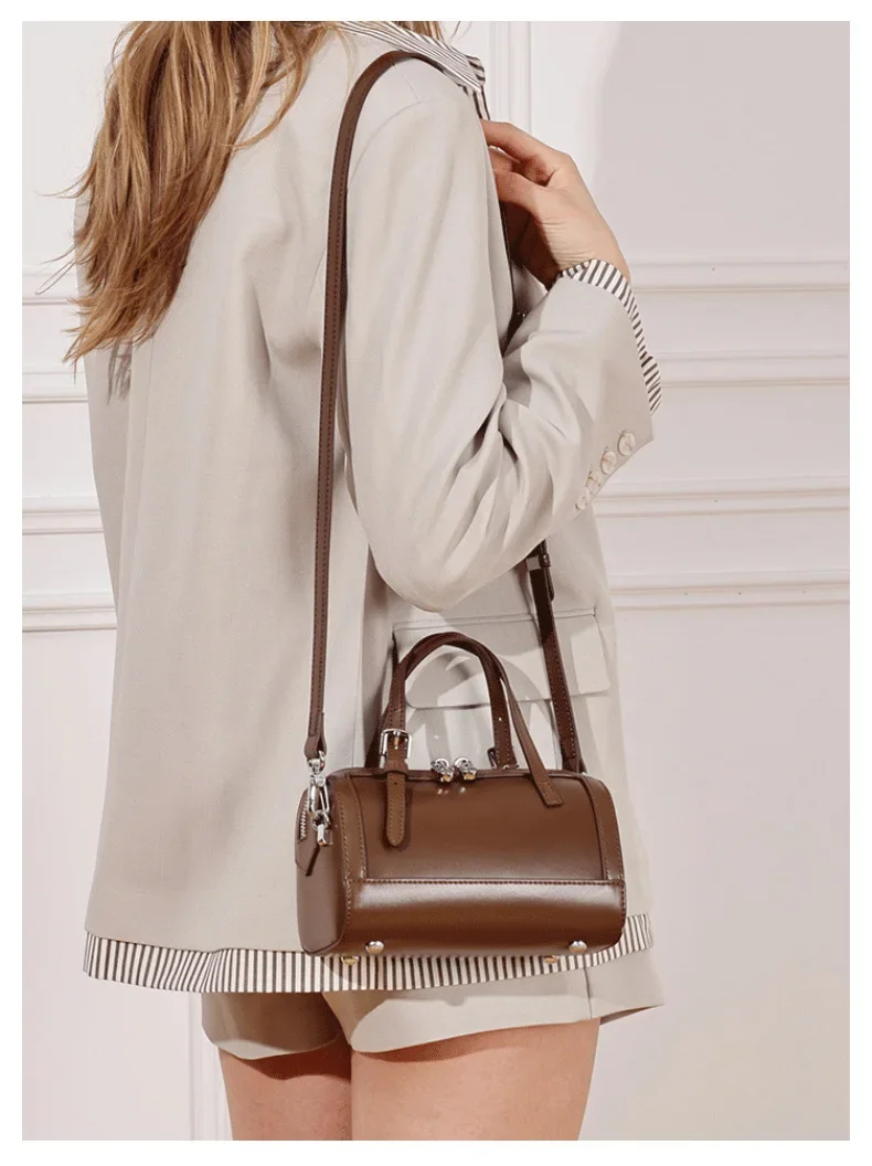 Aidrani Women Genuine Cowhide Cylinder Handbag, Retro Top Handle Satchel, Removable Strap Daily Crossbody Shoulder Purse