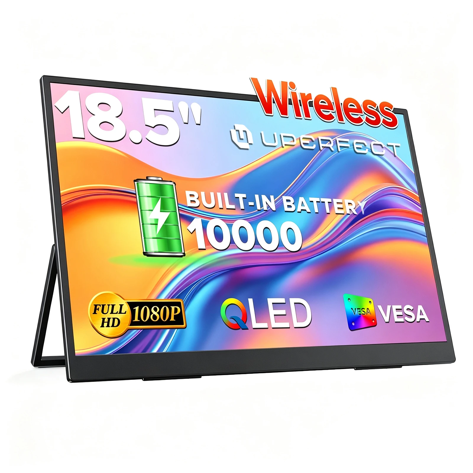 UPERFECT QLED 18,5" 100Hz Kabelloser Tragbarer Monitor mit Wiederaufladbarem 10000mAh Akku, Unterstützt AirPlay Miracast 1080P FHD Reisemonitor USB-C HDMI Externer Bildschirm 2. Bildschirm für Laptop,