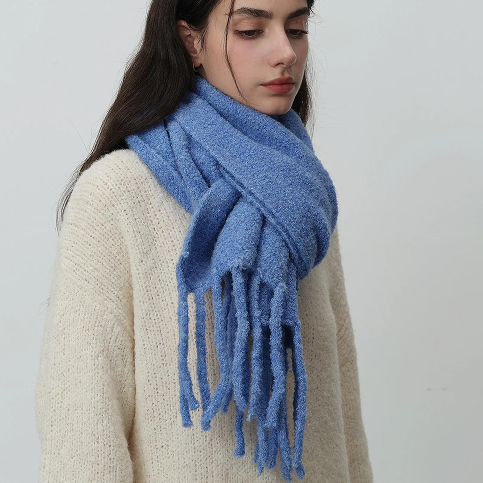 

New Glacier Blue with Wool Tassel Solid Color Knitted Scarf Women's Winter Warm Atmosphere Soft Shawl Scarf