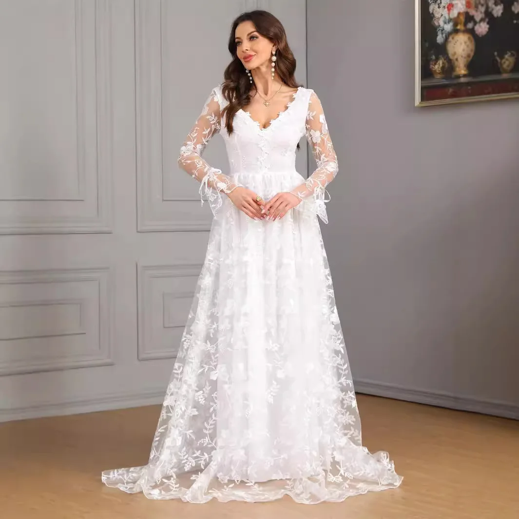 

Новое женское длинное кружевное платье макси с V-образным вырезом, свадебное платье, элегантное платье в пол с шлейфом, шикарное, китайского производства