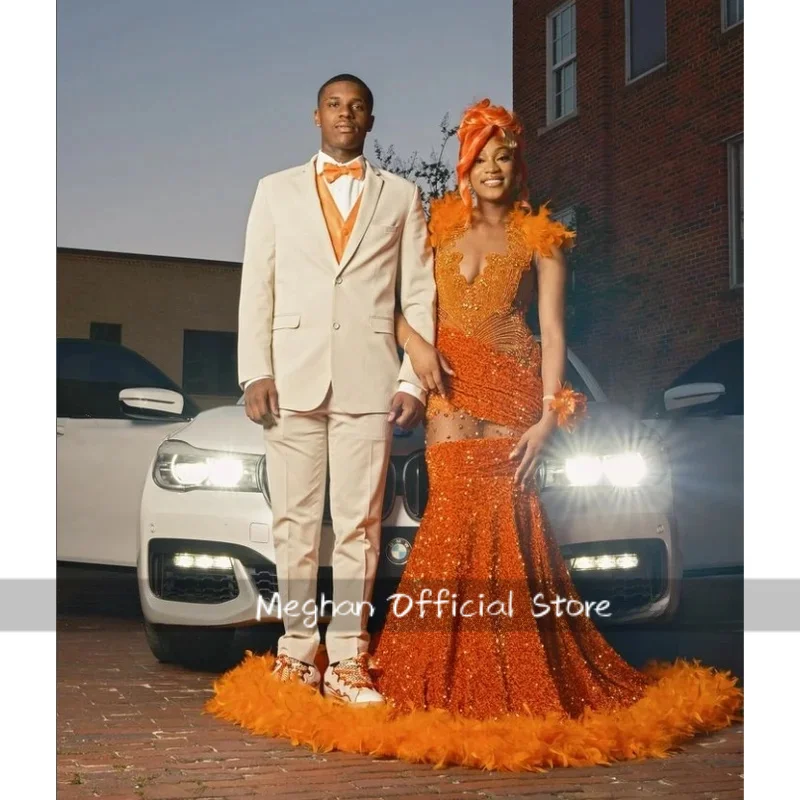 Orange Luxury Diamante Mermaid Prom Dress Customised Sparkling Crystal Beaded Patchwork Black Girls Formal Ball Gowns abiye