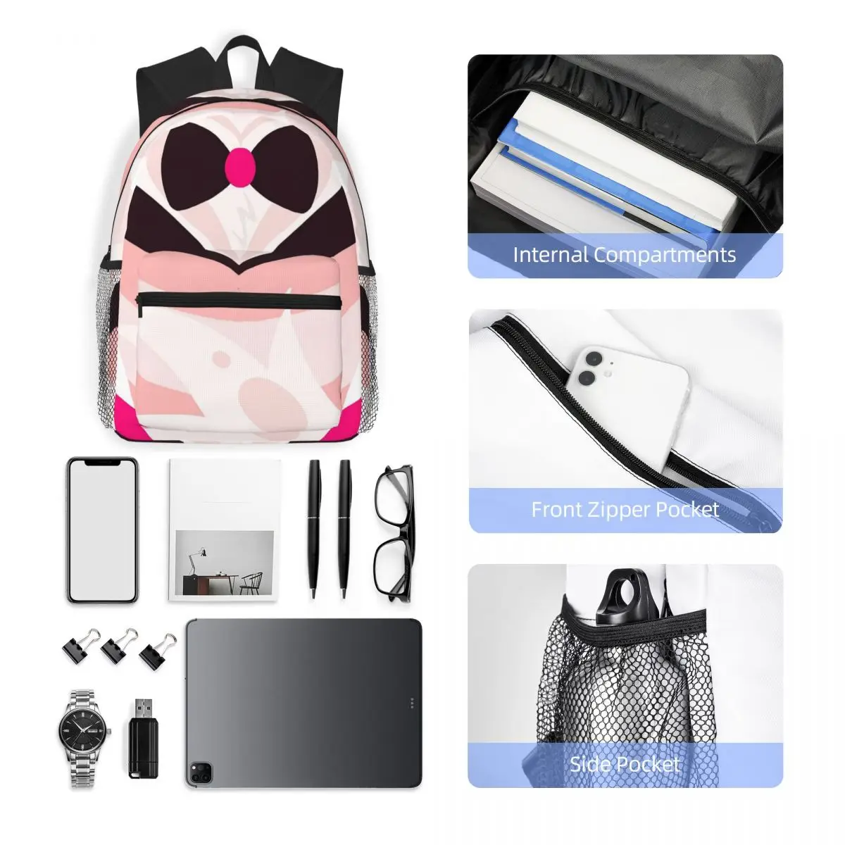 Angel Dust Hazbins นักเรียนกระเป๋าเป้สะพายหลังกระเป๋านักเรียนเดินป่า Daypack สําหรับชายหญิงแฟชั่น Bookbag ไหล่กระเป๋า