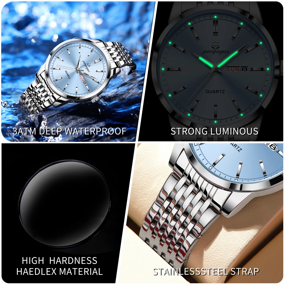 PENGAGAR 2025 New 38mm Men's Quartz Watches Stainless Steel AR Coating Sapphire 8348 Business Sports Watches Watch for Men