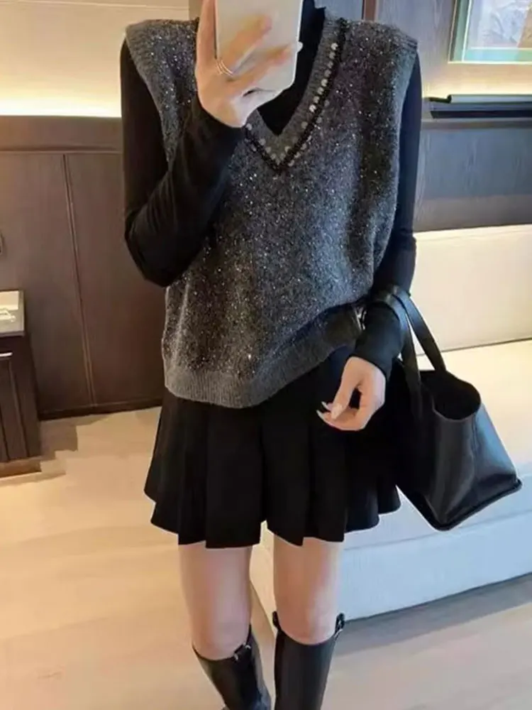 

Модный вязаный свитер с v-образным вырезом и пайетками, жилет, удобная женская майка свободного кроя для поездок на работу, весна 2023 г.