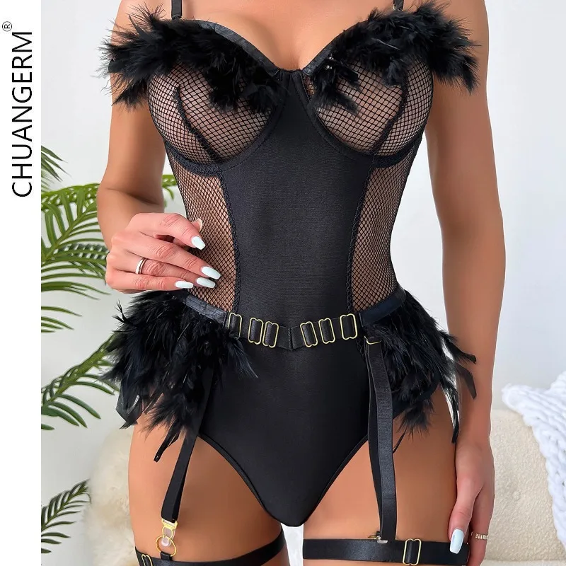 

CHUANGERM Erotic Lingerie bodysuit Valentine's Day Onlyfans Feather Patchwork Biker Zipper Webbing Backless Bodysuit Breathable