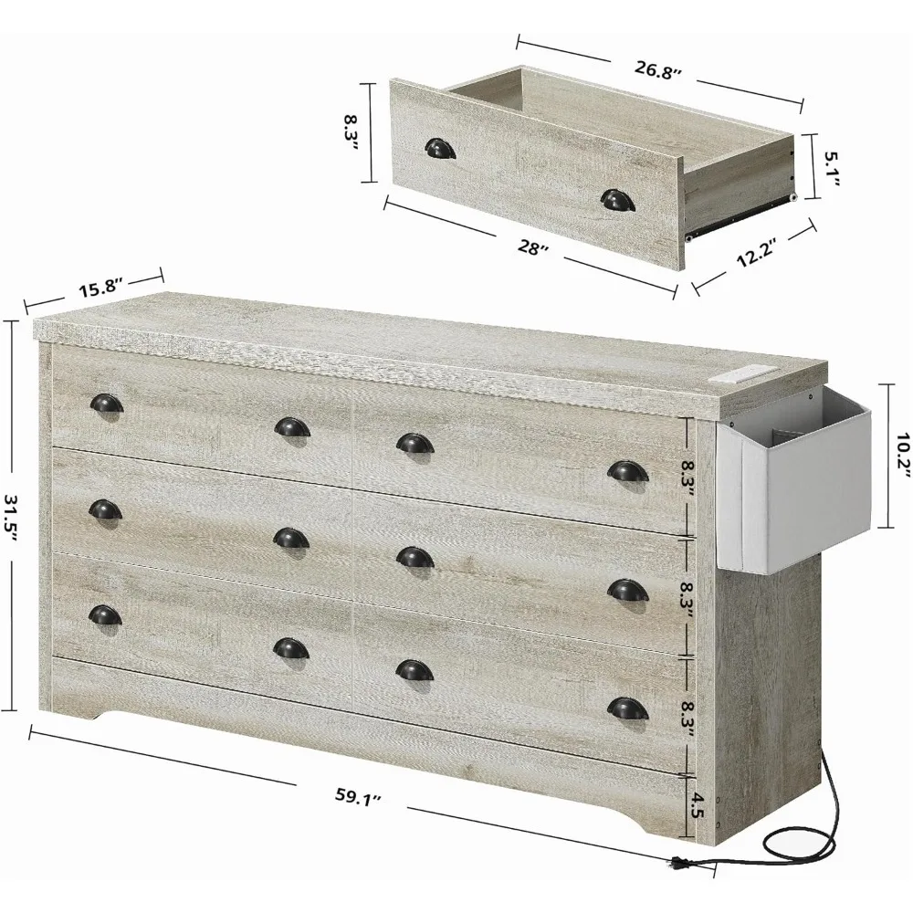 Dresser for Bedroom 6 Drawer with Charging Station, TV Stand Storage Chest of Drawers for Living Room MDF Board, 59 Inches