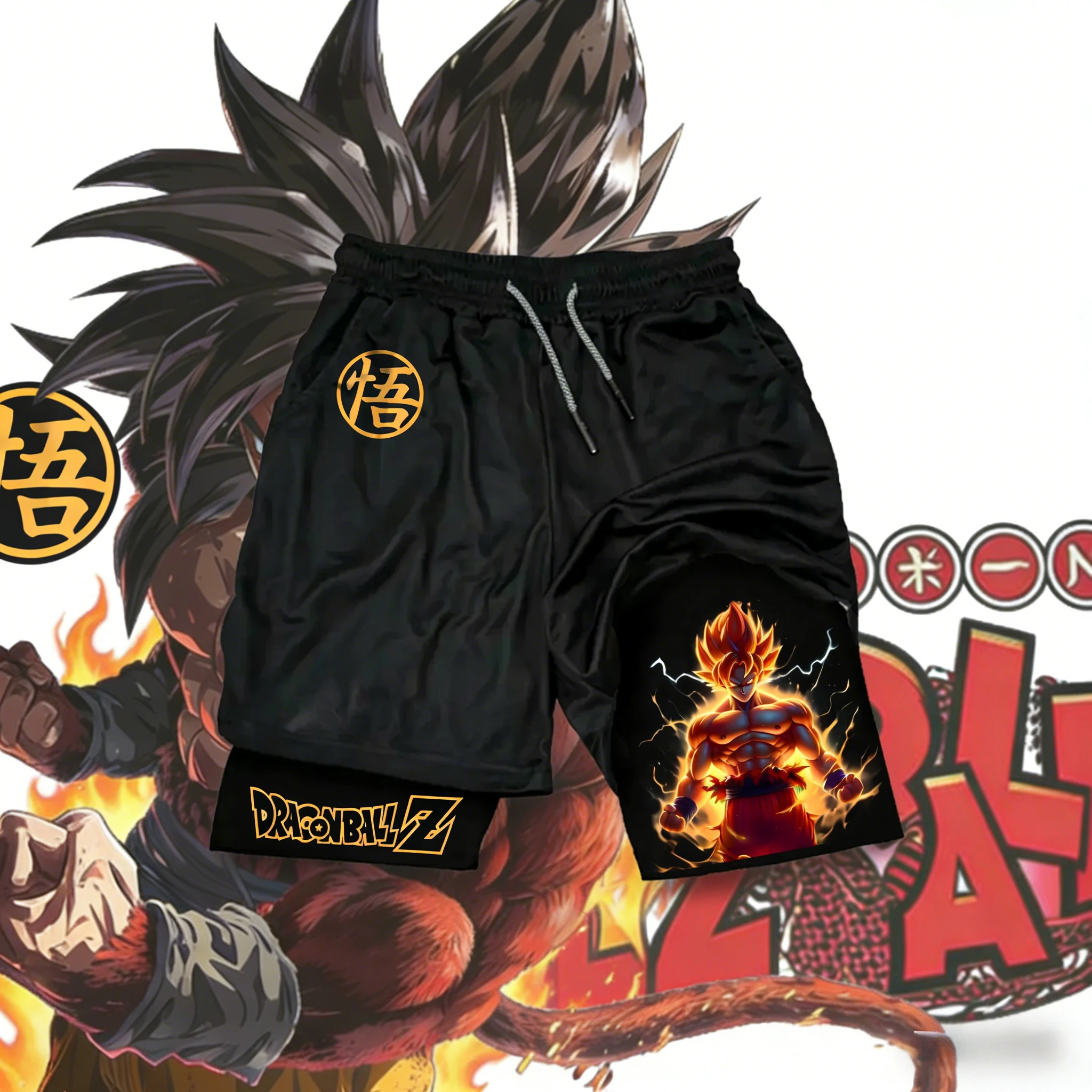2026 Sommer Dragon Ball Übergroße 2-in-1 Shorts Hochwertige Baumwolle Goku Super Saiyan Kanji-Druck Unisex Freizeitkleidung für Erwachsene