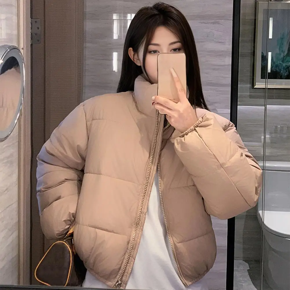 Winter Women Parkas Thickened Zipper Closure Stand Up Collar Neck Padded Coat Solid Color Heat Retention Down Jacket