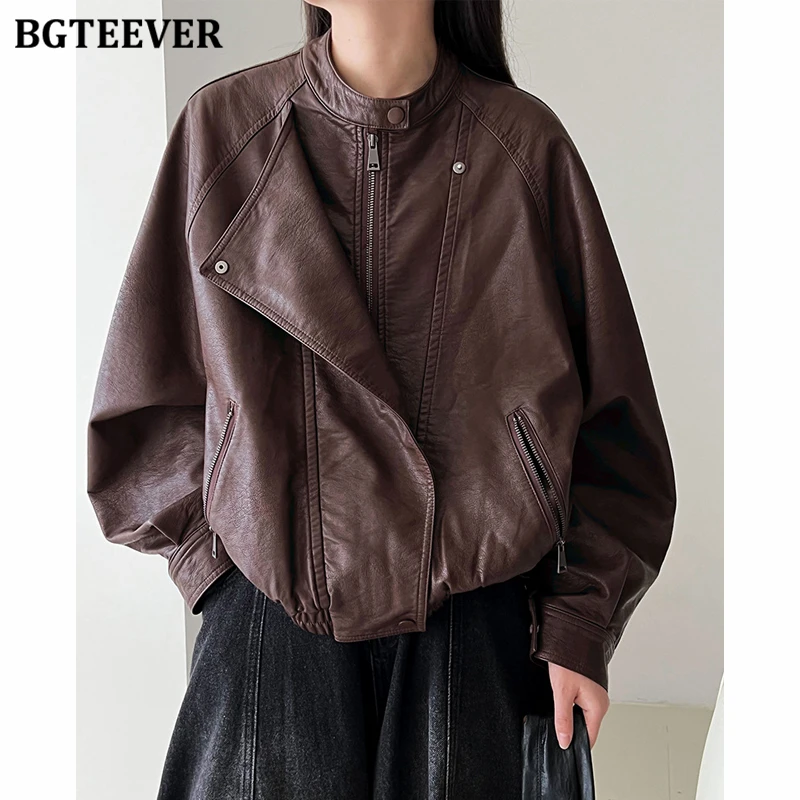 

BGTEEVER осенне-зимние свободные куртки из искусственной кожи для женщин, стильные женские пальто с длинными рукавами и круглым вырезом