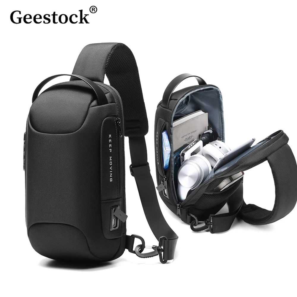 

Противоугонная сумка Geestock, мужская сумка через плечо с USB-портом для зарядки, водонепроницаемая сумка-оксфорд на плечо, многофункциональная нагрудная сумка