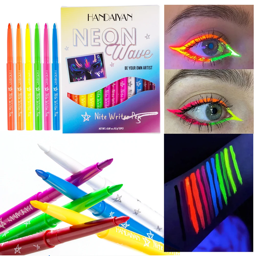 ลิปสติกแต่งหน้านีออน12สีอายไลเนอร์เรืองแสงสีสันสดใสกันน้ำแห้งเร็วอายไลเนอร์แบบเรืองแสงสำหรับงานปาร์ตี้เวทีแต่งหน้าศิลปะ