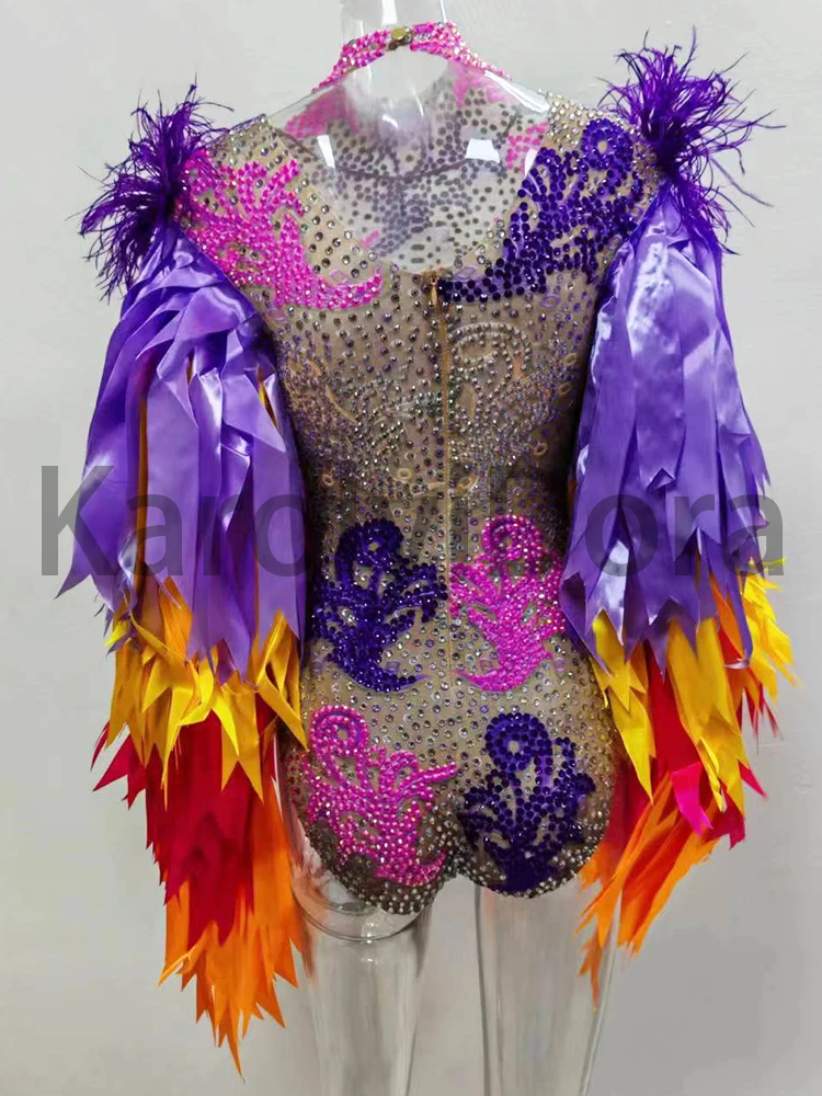 Colourful Feather Sleeve Rhinestone Bodysuit Women Nightclub Bar Party Outfit Performance Dance Costume Dropshipping