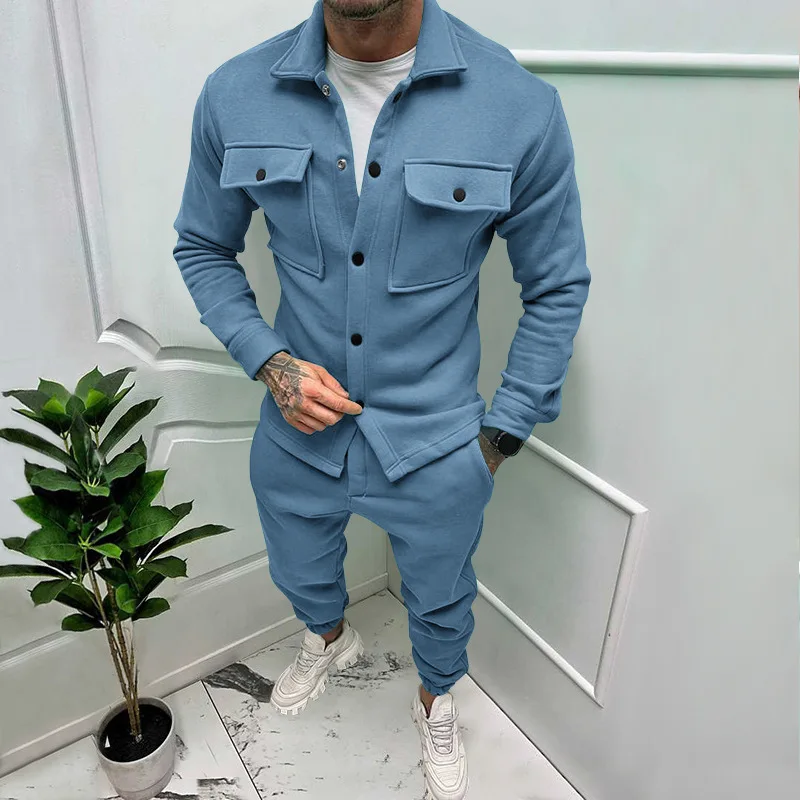 2024Spring and Autumn Men\'s New Casual Jacket Suits Hot Sale Solid Color Suede Pocket Long Sleeve Trousers Two-Piece Set