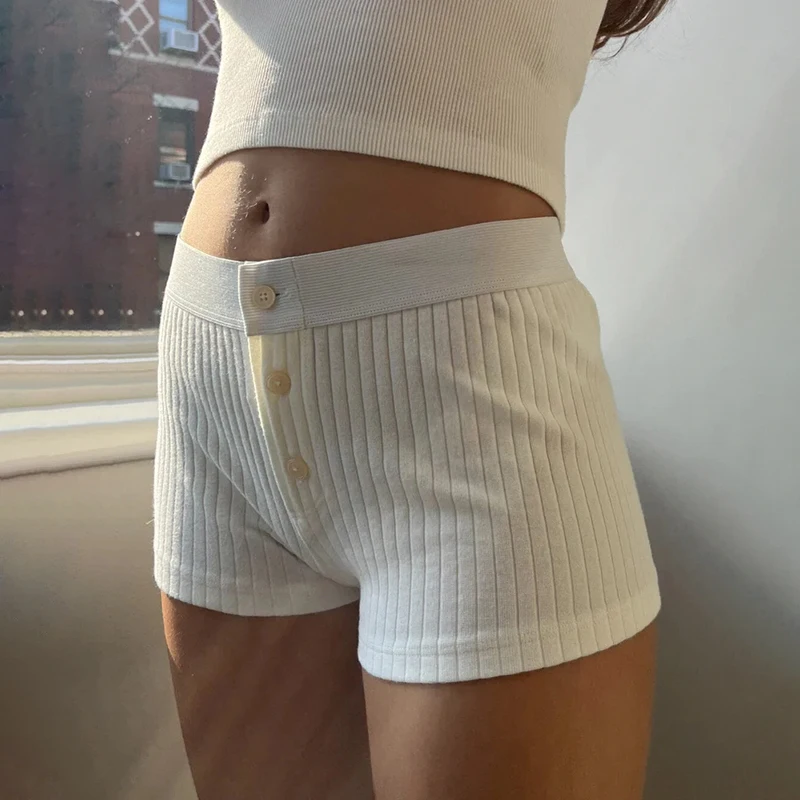 BIIKPIIK Casual Contrast-color Knitted Shorts Fashion Buttons Low Waist Skinny Half Pants All-match Bottoming Shorts Home Outfit