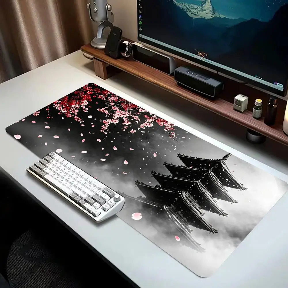 Oriental Sakura Pagoda Large Extended Gaming Mouse Pad Non Slip Desk Surface Cherry Blossom Print For Gaming And Office Setup