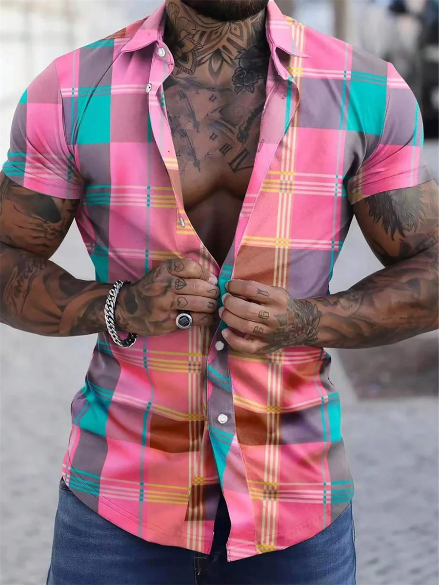 

New Men's Plaid Colorful Casual Men's Shirt For Daily Wear Summer Lapel Single button Short-sleeved Fashion Top Clothing Summer