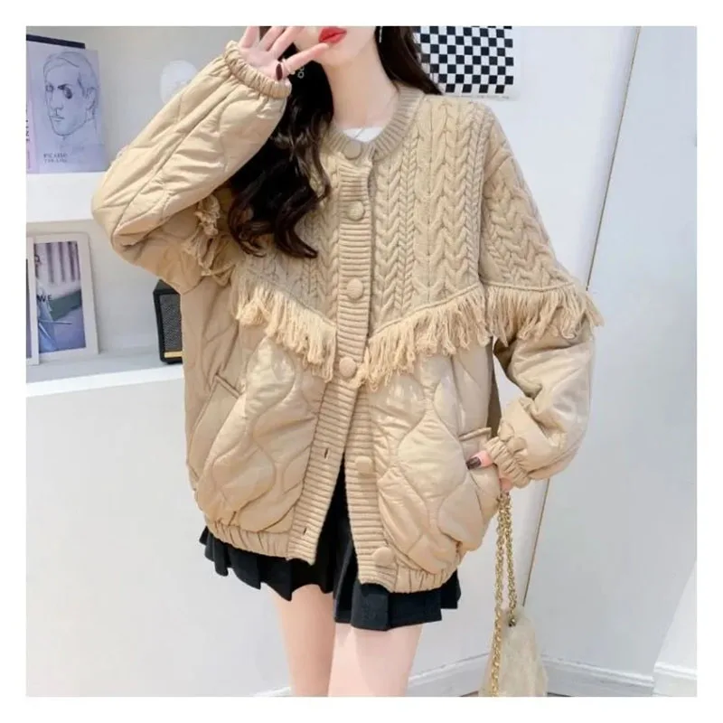 2024 New Fashion Tassel Spliced Knitted Cardigan Coat Women Autumn Winter Loose Lazy Style Sweater Jacket Female