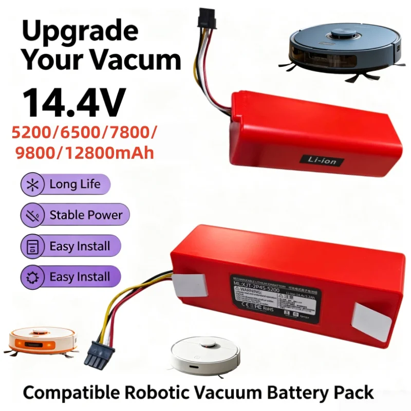 Li‑ion Replacement Battery 14.4V 5.2Ah‑12.8Ah With Lpega Connector For Roborock S50 S51 T4 T6 Xiaomi Vacuum Cleaner