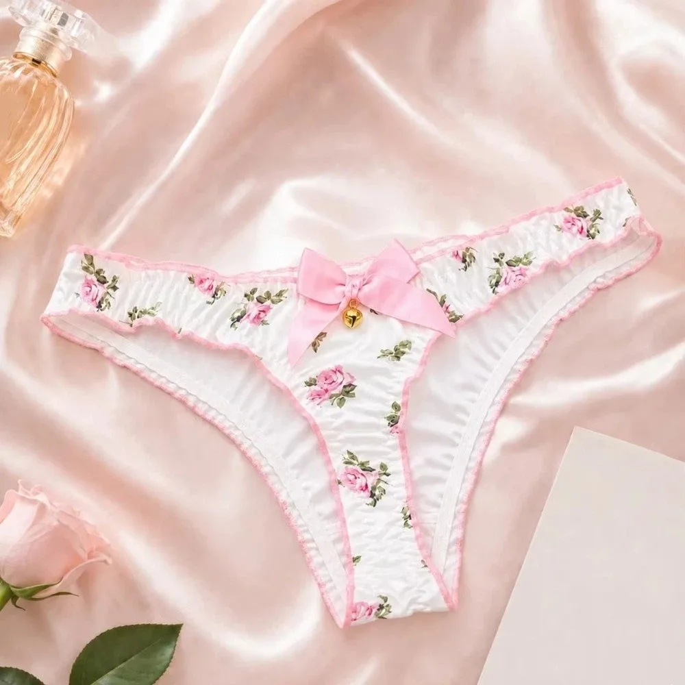 Underpants Sweet Bow Women Panties Ruffle Low Waist Girls Briefs Flower Ice Silk Printed Underwear Students
