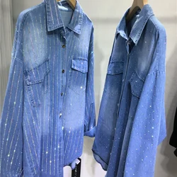 Women Hot Drilling Diamonds Shirts Coat Classic Denim Blue Loose Mid Length Rhinestones Jeans Blouses Autumn Cardigan Blusas