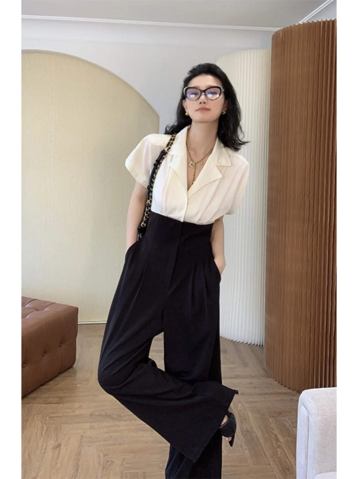 

Faionable Bla White Splice Комбинезон с высокой талией Прямые брюки Широкие длинные брюки ort Sve Костюм Godd Sle