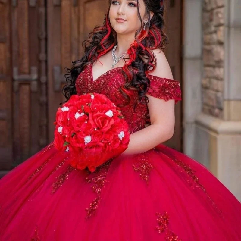 

Распродажа Красное платье Quinceanera 2024, длинная пышная юбка, бальное платье для выпускного вечера, торжественная одежда, милое праздничное платье на день рождения для девочек 15-16 лет
