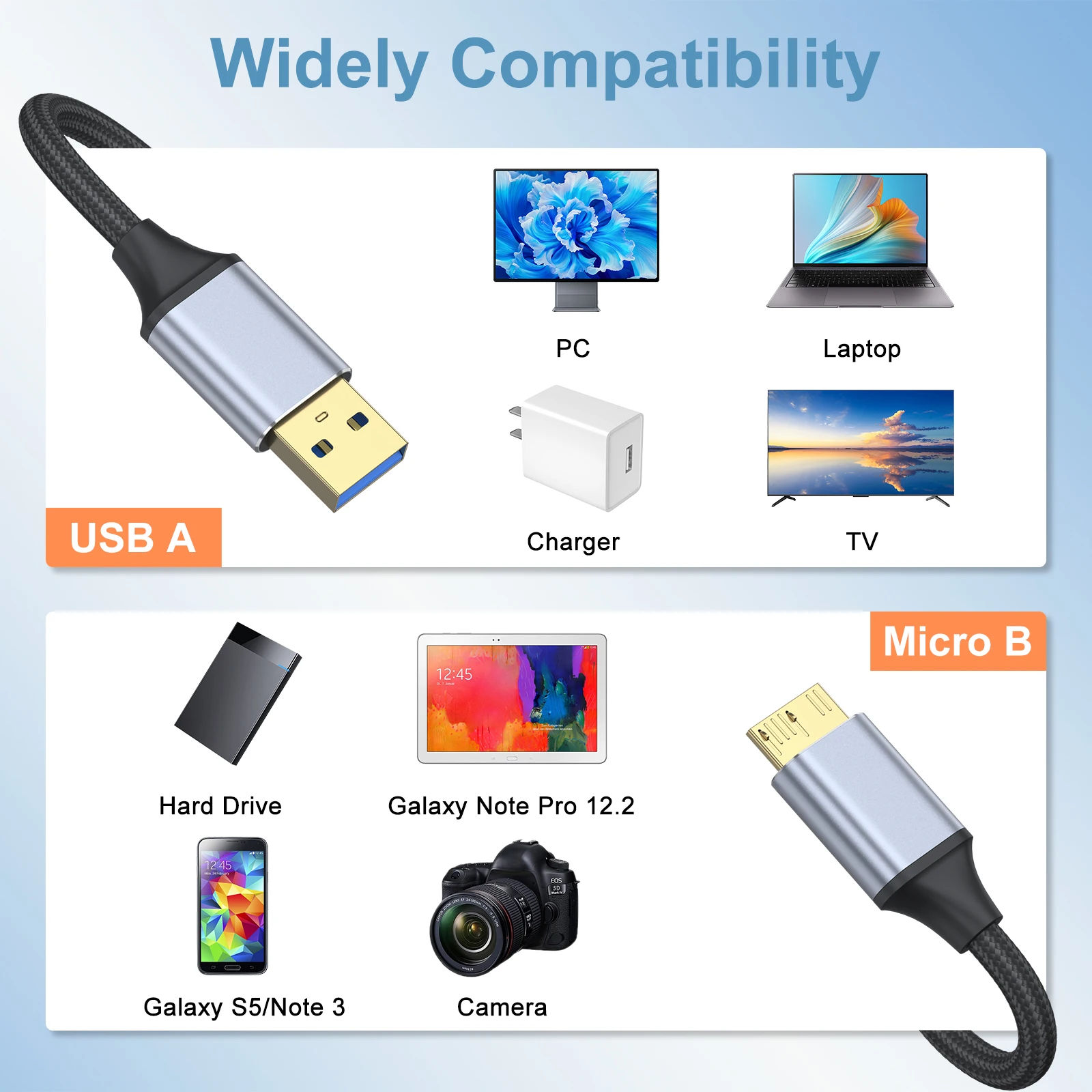 Type C USB 3.0 To Micro B Cable 5Gbps Data Connector Adapter For Phone PC Macbook External Hard Drive Disk Camera HDD SSD Cord