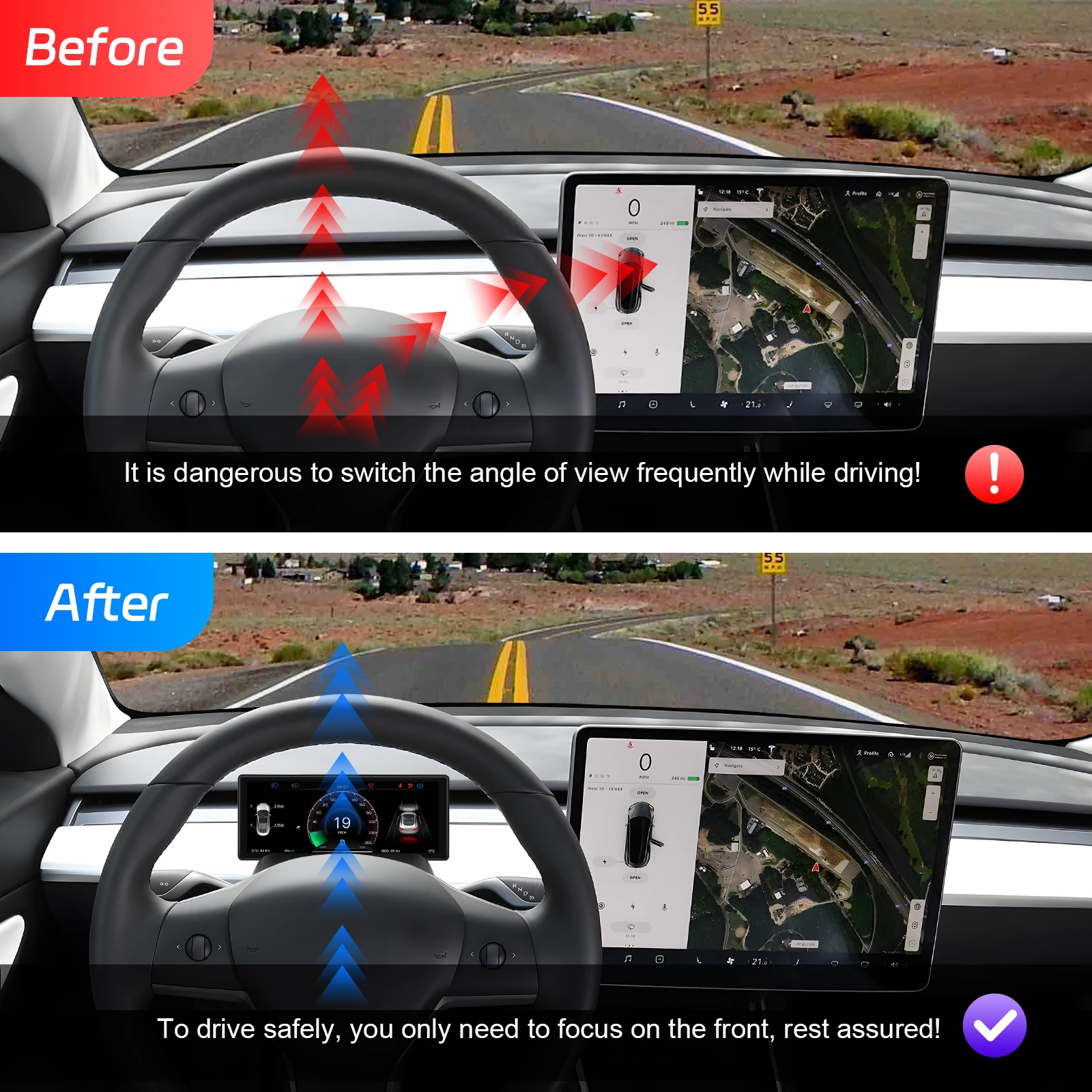 Podofo 6.2 pollici per Tesla Model 3/Y 2017-2023 Head Up Display schermo IPS HUD Dashboard con tachimetro Gear Display modalità di guida