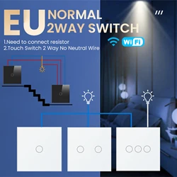 LOUYSGEN EU Wifi 2Way Smart Touch Switch Wall Light Switch 1Gang 2Gang Neutral Wire Glass Tuya APP Compatible Smart Life Alexa