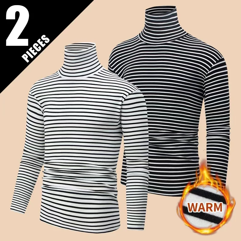 1/2pcs Men's Autumn And Winter Brushed Thick Striped Long Sleeved Top T-shirt Comfortable And Warm Sports And Leisure Base Shirt