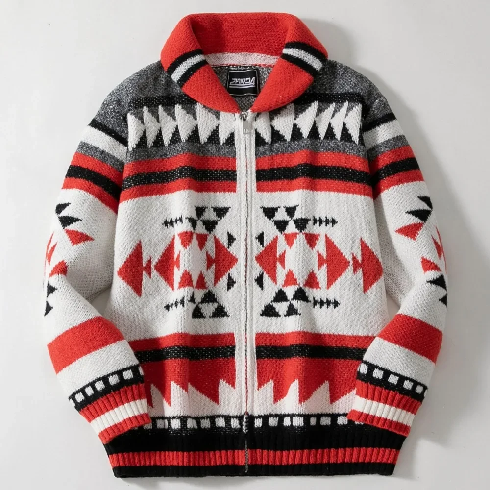 Luxury High-end Autumn Winter Men's Jacquard Zip Up Knit Jacket Lapel Long Sleeve Knitted Cardigan Sweater Men Clothing Coat New - Image 3