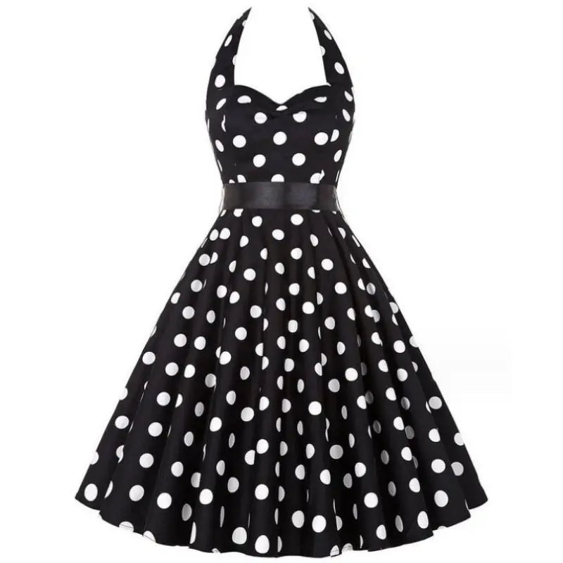 Women Summer Polka Dot Vintage Dress Fashion Party Office Lady Rockabilly Big Swing Halter Clothes