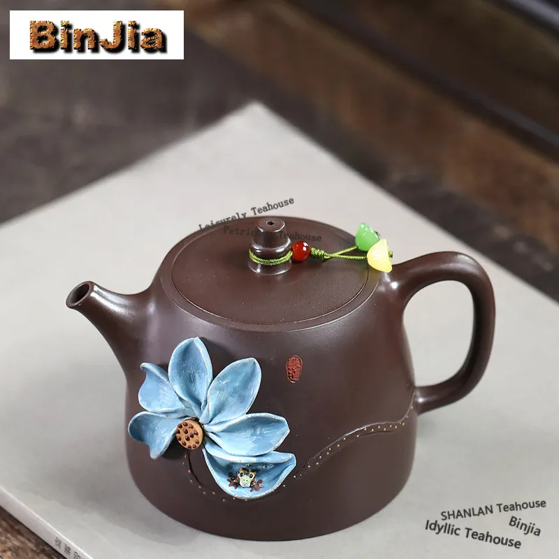 

280 мл Высококачественные чайники Yixing из фиолетовой глины, чайники ручной работы с голубым лотосом Hanze, горшок из необработанной руды, грязевой чайник, чайный сервиз Zisha