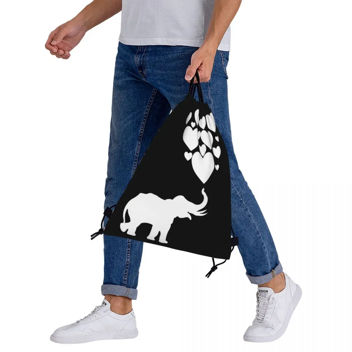 Mochila de elefante con corazón blanco, bolsa deportiva portátil con cordón, bolsillo para libros, a la moda